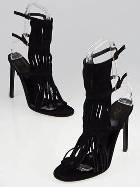 GUCCI Black Suede Fringe Becky Sandals